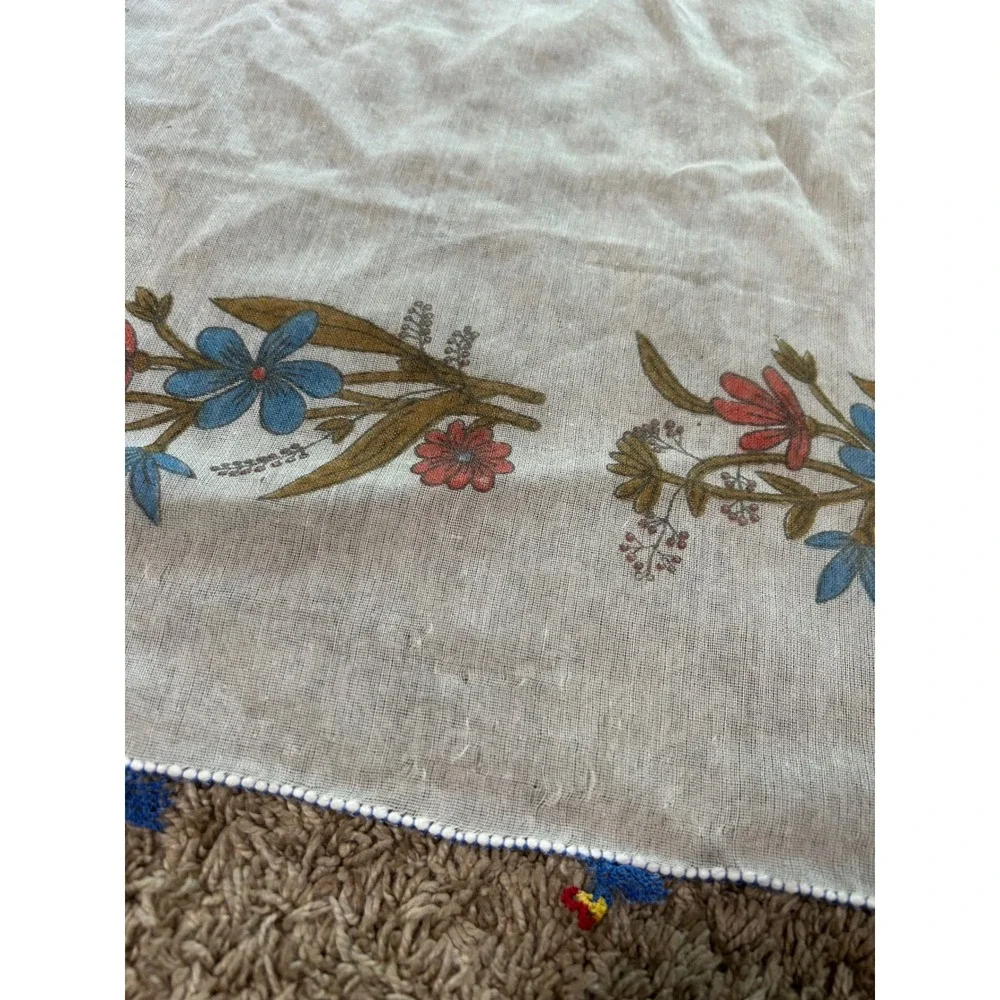 Vintage Floral Square Head Scarf White Sheer Tassel Boho Prarie Cottagecore